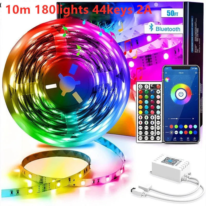 RGB LED light strip with Bluetooth controller and remote, showing colourful illumination