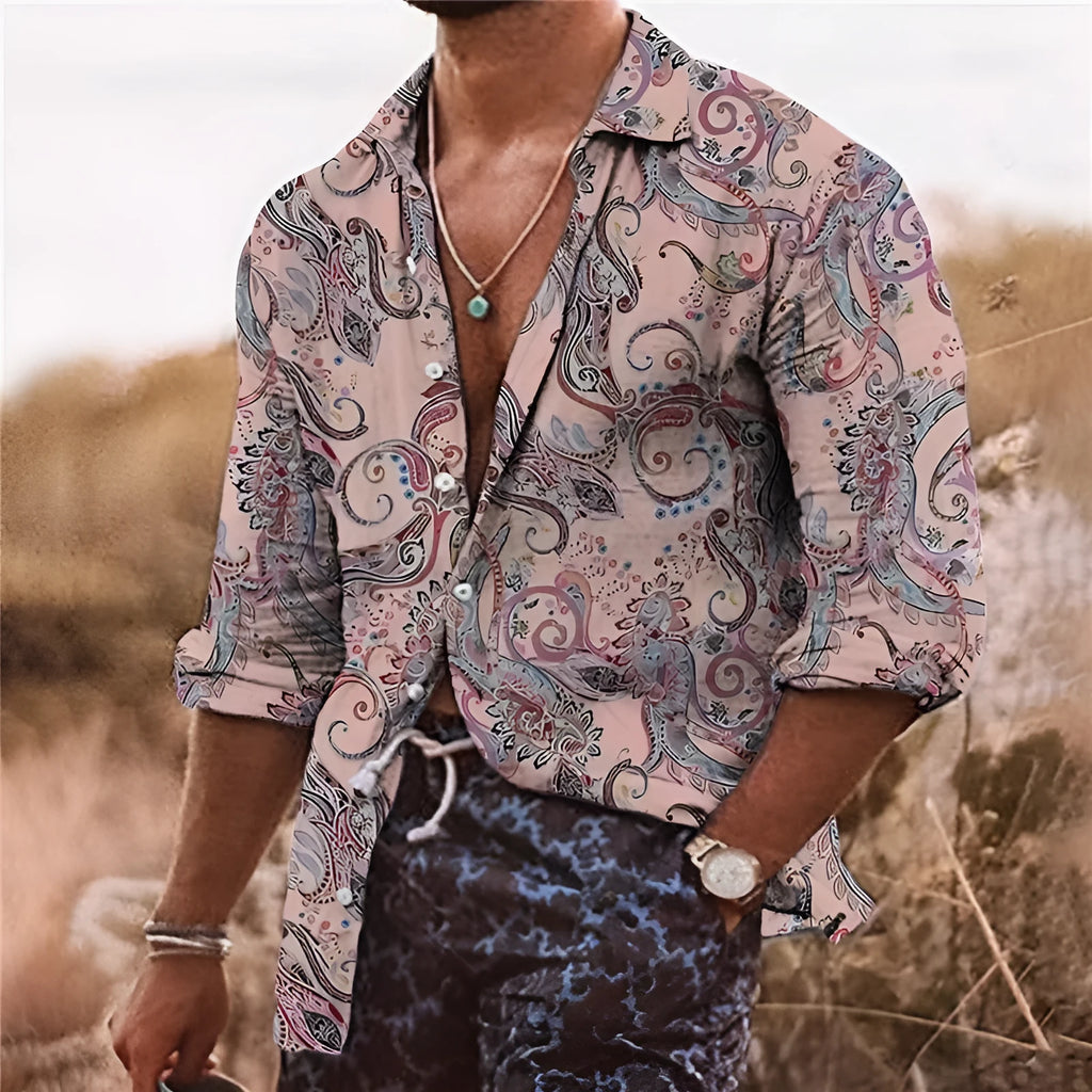 Men's loose fit long sleeve shirt with a colourful 3D floral digital print pattern.