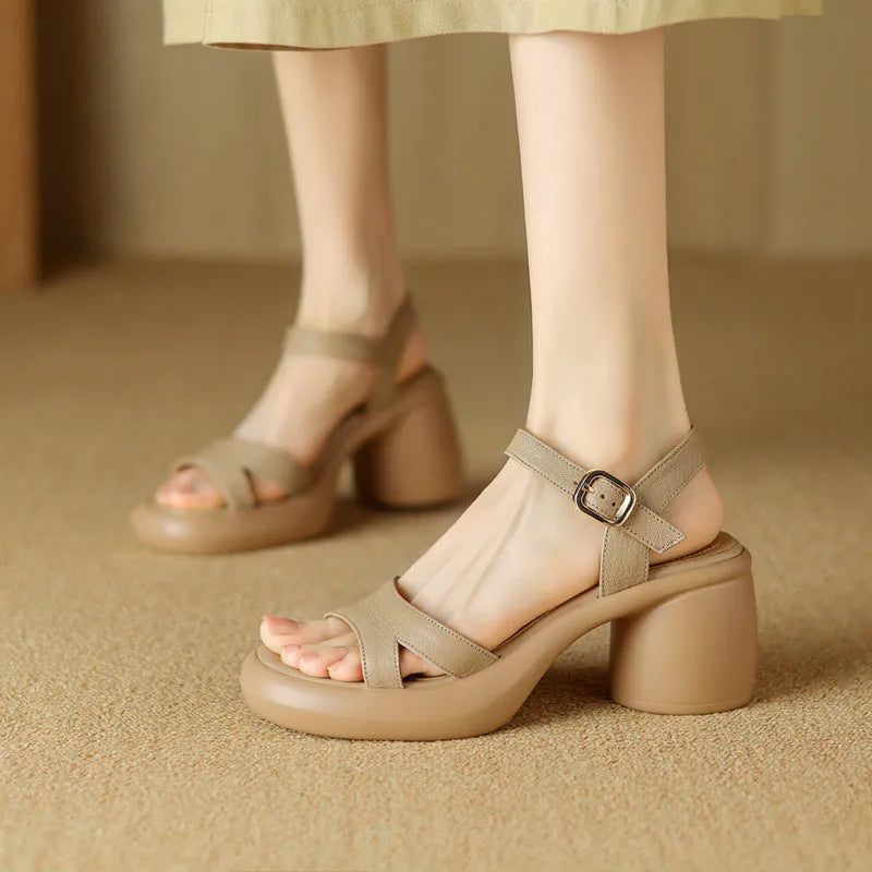 Women's open toe platform sandals in apricot colour with round toe holder and rubber sole.