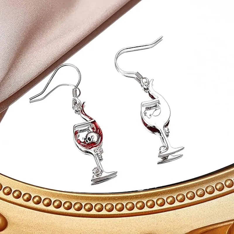 Halloween skull wine glass drop earrings with electroplated metallic finish