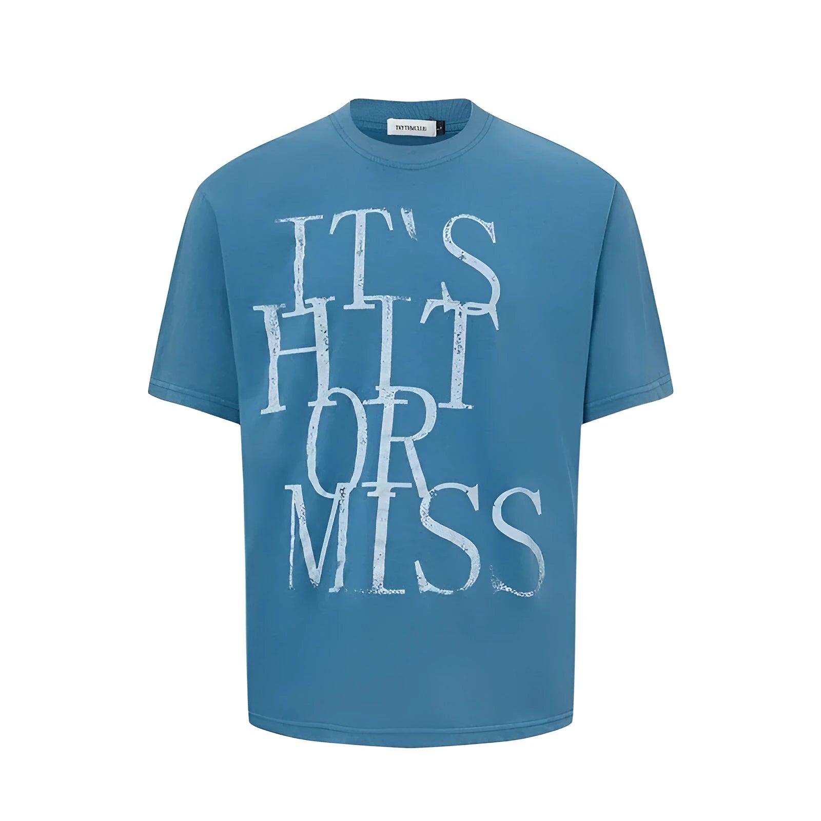 Men's blue American Retro letter printed loose fit cotton blend T-shirt