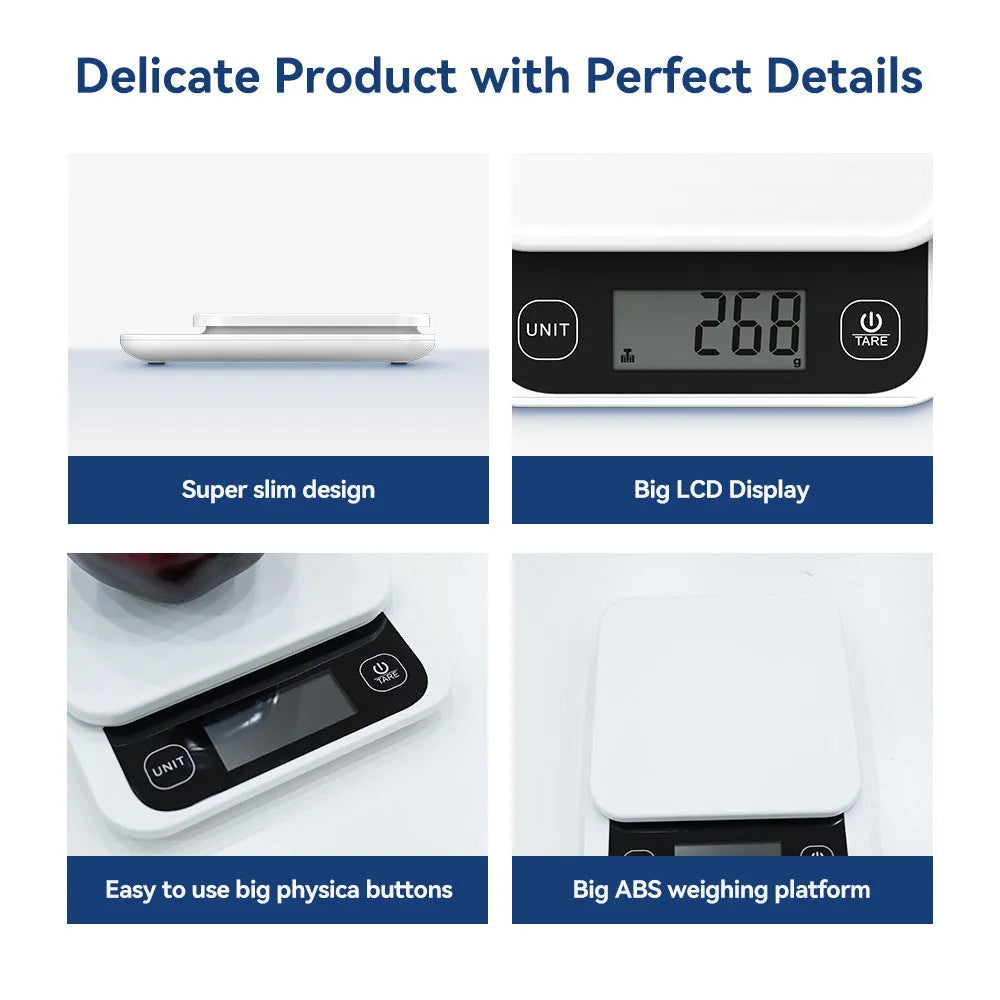Black Bluetooth smart kitchen scale with nutrition calculator app on phone screen, 153x135x27mm