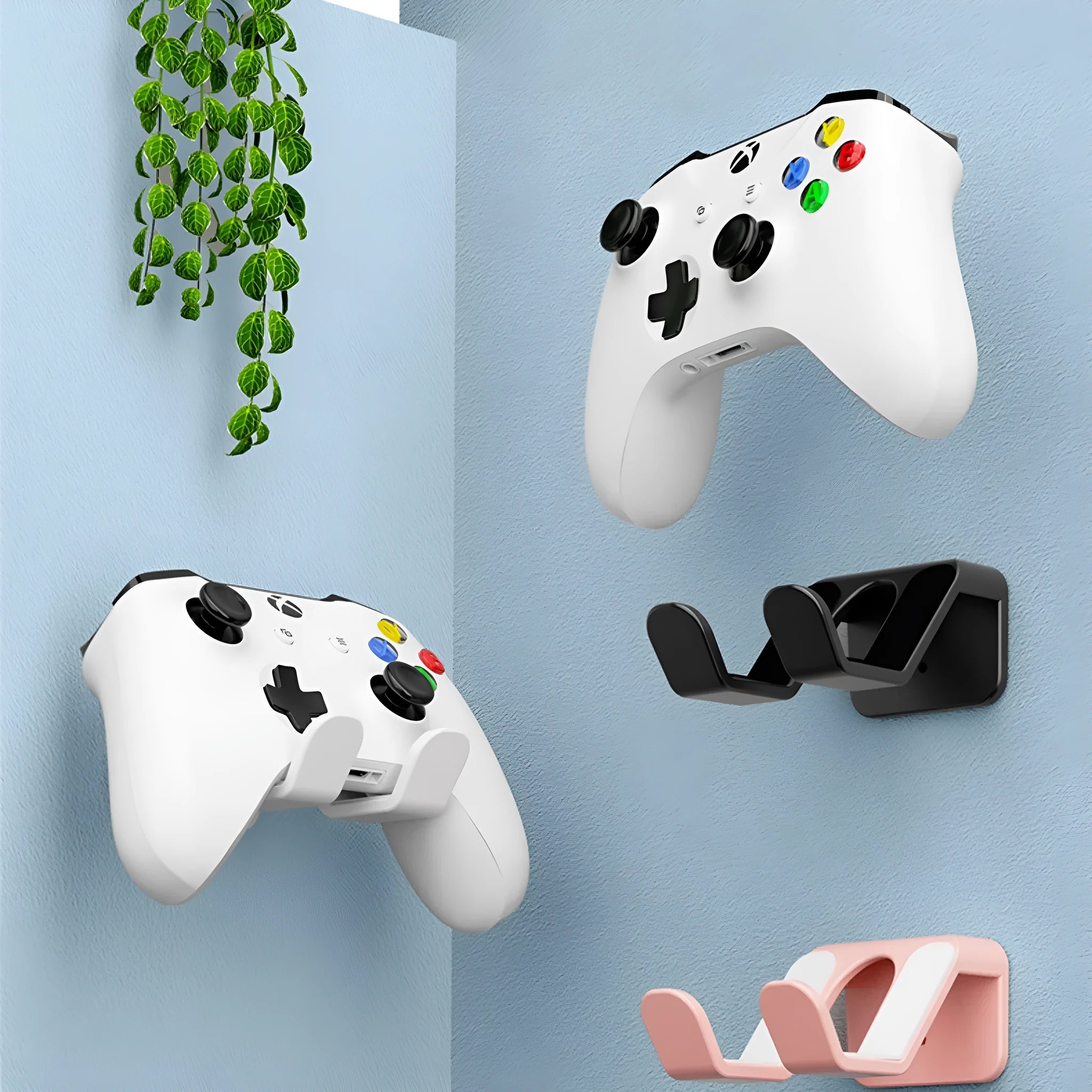 Black plastic ABS wall hanging rack for game controllers with adhesive pads and screws