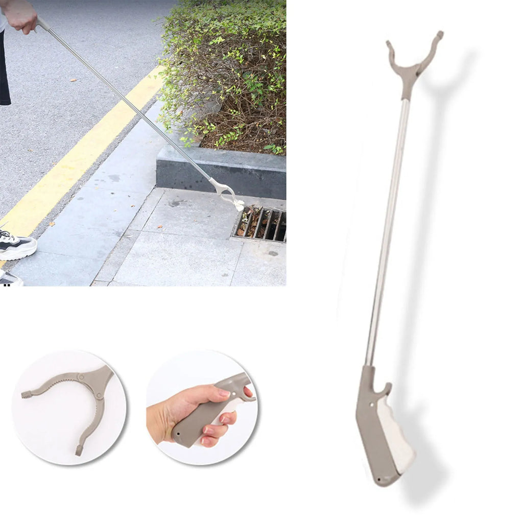 Stainless steel garbage picker with 40cm length and push-handle design for one-handed operation
