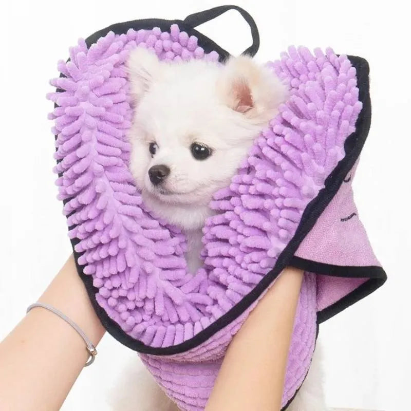Blue pet bathrobe towel for drying dogs and cats, shown flat at 62cm by 23cm.
