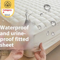 Blue waterproof fitted sheet with elasticated corner on a mattress