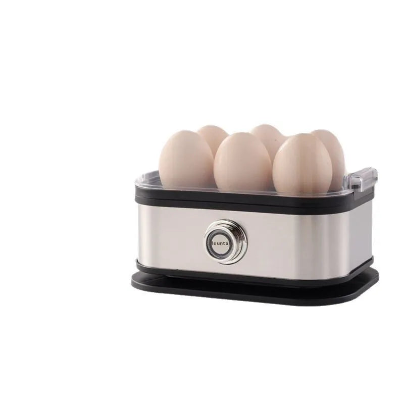 Black portable stainless steel egg boiler with plug adapters for US, UK and EU sockets.