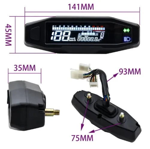 Black motorcycle mini speedometer with LCD display showing oil gauge and speed readings