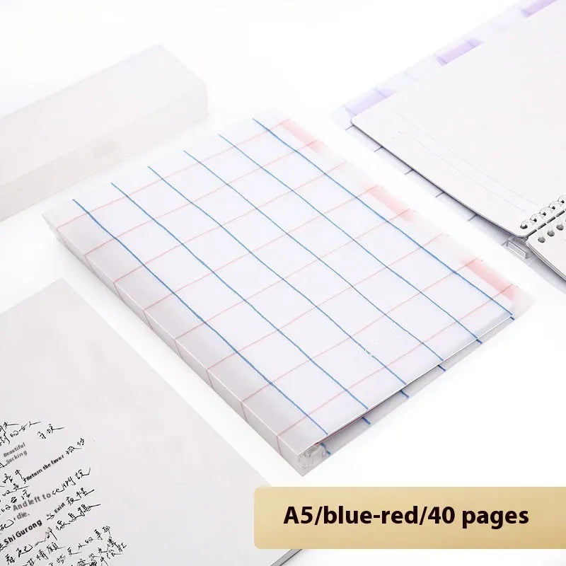 Loose-leaf spiral notebook with PP cover open, showing raw wood pulp pages in A5 or B5 size.