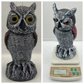 Artificial owl bird scarer decoy with movable head, made from black PE plastic for outdoor use.