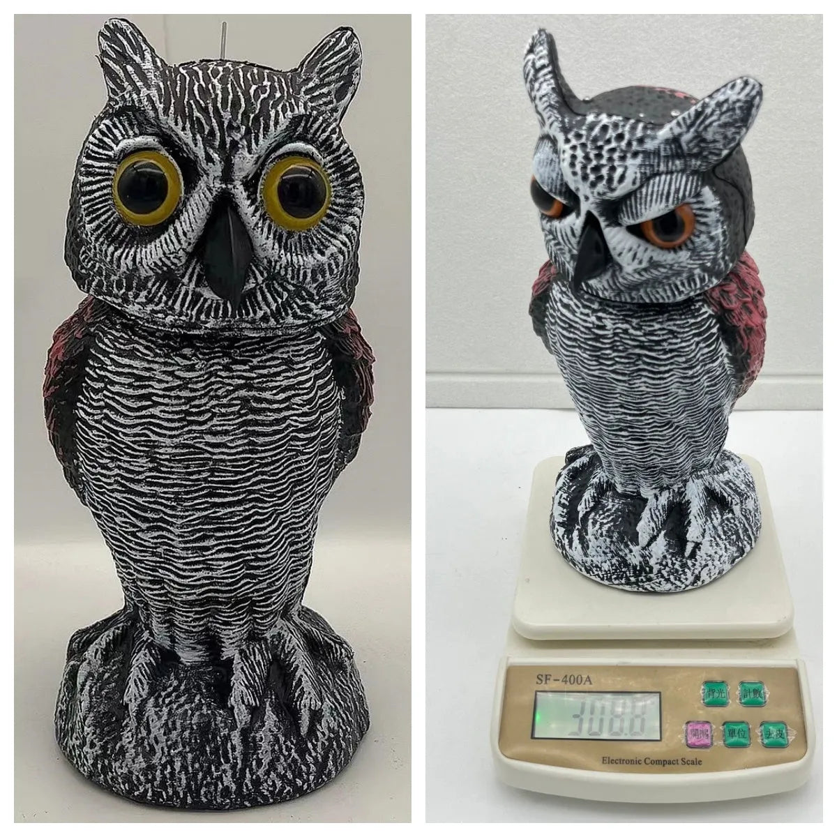 Artificial owl bird scarer decoy with movable head, made from black PE plastic for outdoor use.