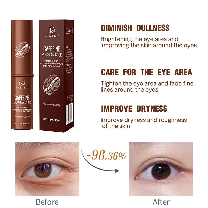 Caffeine Eye Cream Stick in a white tube, 3g net weight, for reducing dark circles and fine lines.