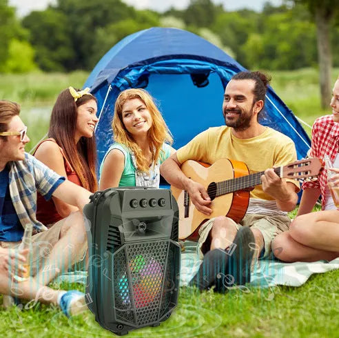 Black ABS Bluetooth speaker with outdoor portable microphone and subwoofer 140x210x109mm 600g
