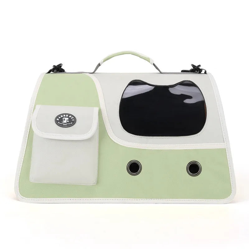 Convenient outing pet backpack in Oxford cloth with crossbody strap, available in yellow green and black, large capacity for cats and small dogs