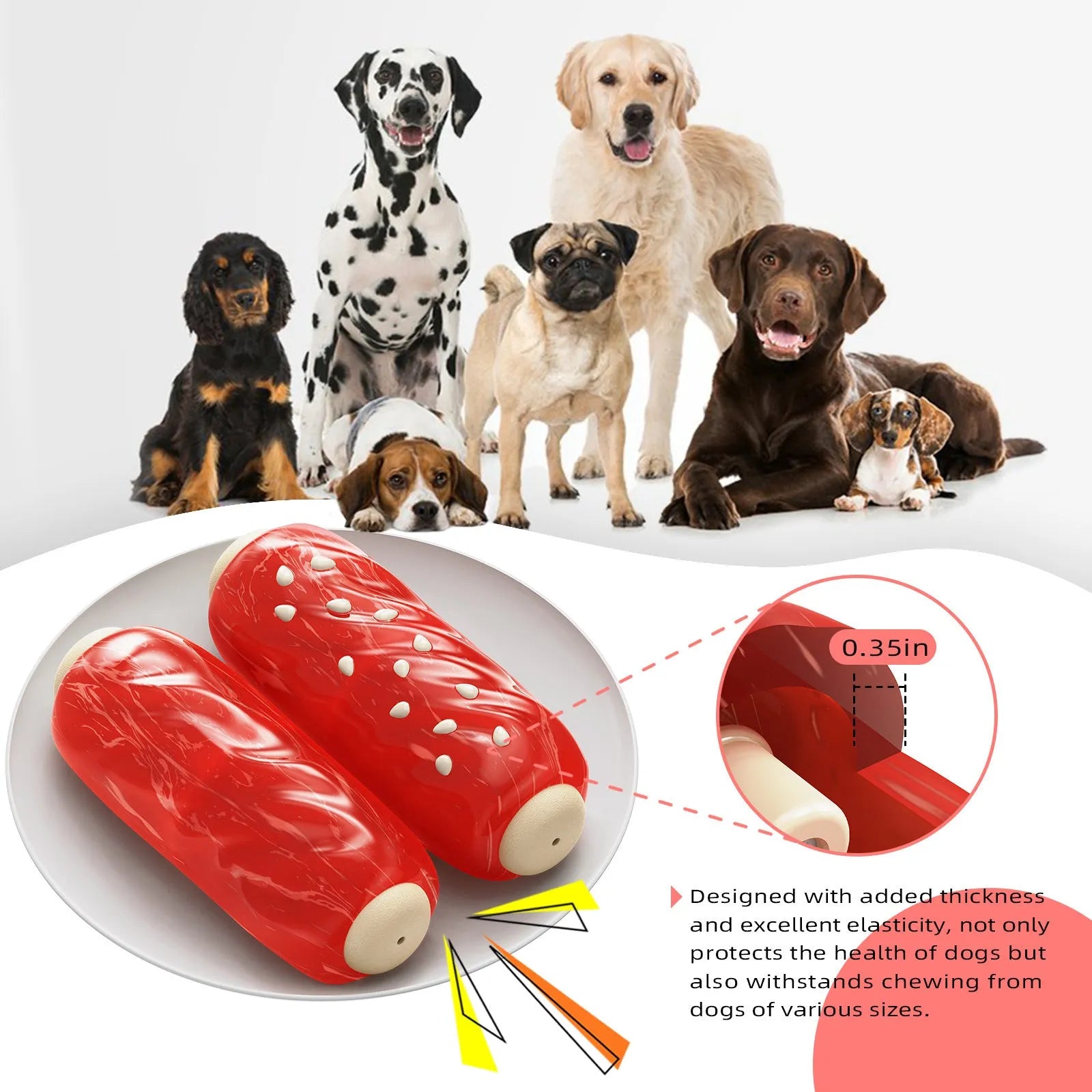 Primary colour plastic dog toy with a molar rod and glue toothbrush attachment for paste.