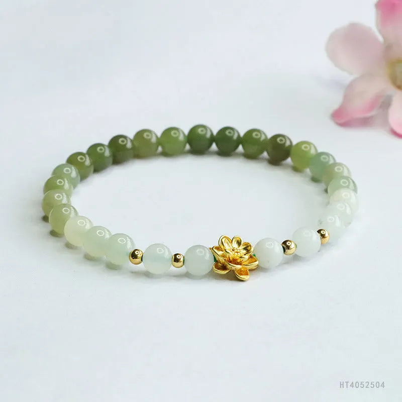Hand-woven Hetian jade bracelet with clear water gradient colour and flower design