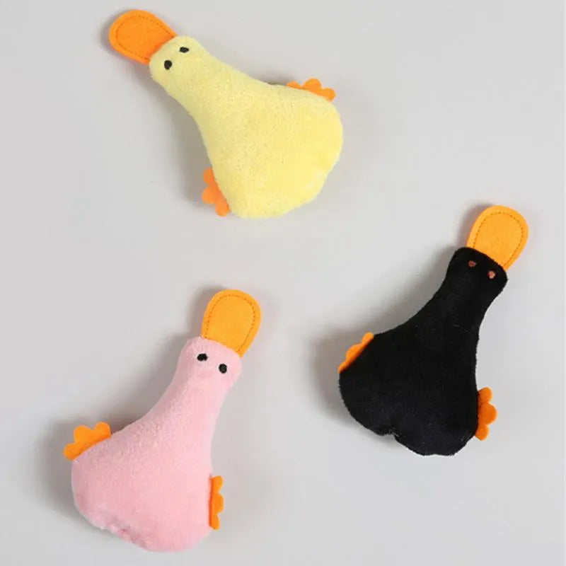 Yellow duck plush pet toy with squeaker, catnip filling, and internal rattle paper for cats and dogs