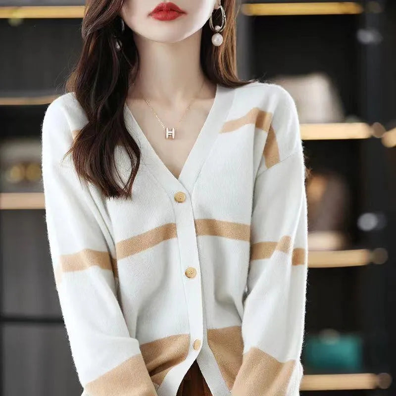 Women's striped knitted cardigan with 3D pattern texture and V-neck