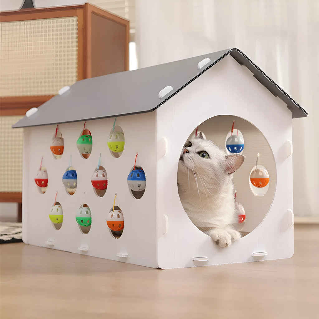 Plastic cat scratch board integrated with nest and bell ball tunnel pet accessory
