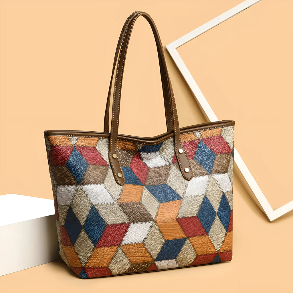 Women's large capacity PVC handbag in blue brown colour with sandwich pocket design