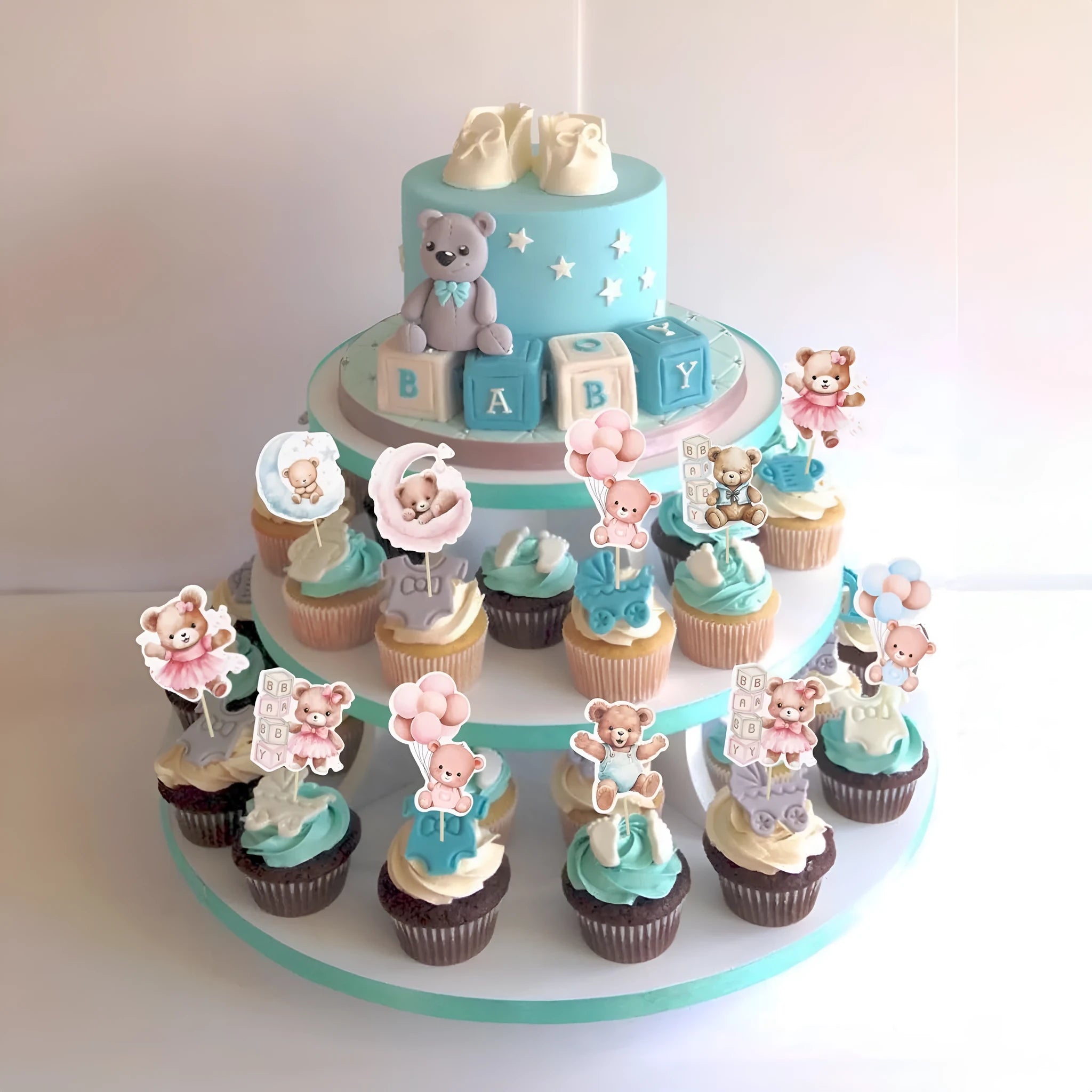 Baby bear paper cake decoration card inserts in pink and blue with stick finish, 12 pieces