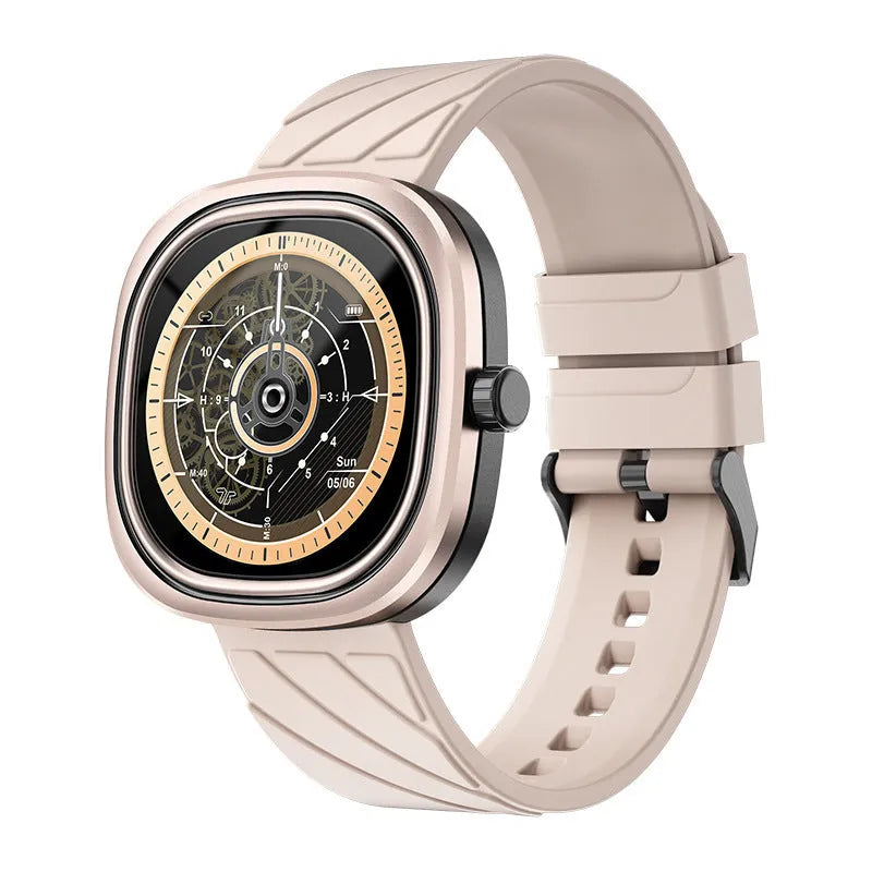 Smart sports watch with silicone wristband showing on a wrist, displaying time on its 1.32-inch screen.