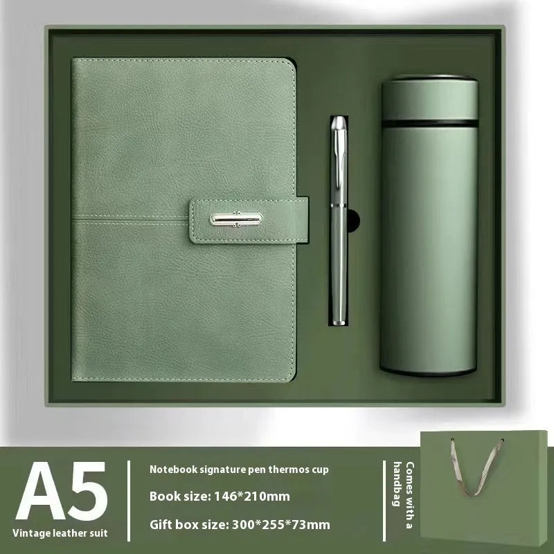 Custom A5 notebook with imitation leather cover in Business Black showing wood-free paper interior pages