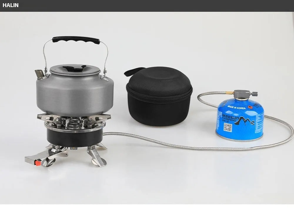 Silver portable foldable camping split stove made of stainless steel, shown with a 100cm hose.