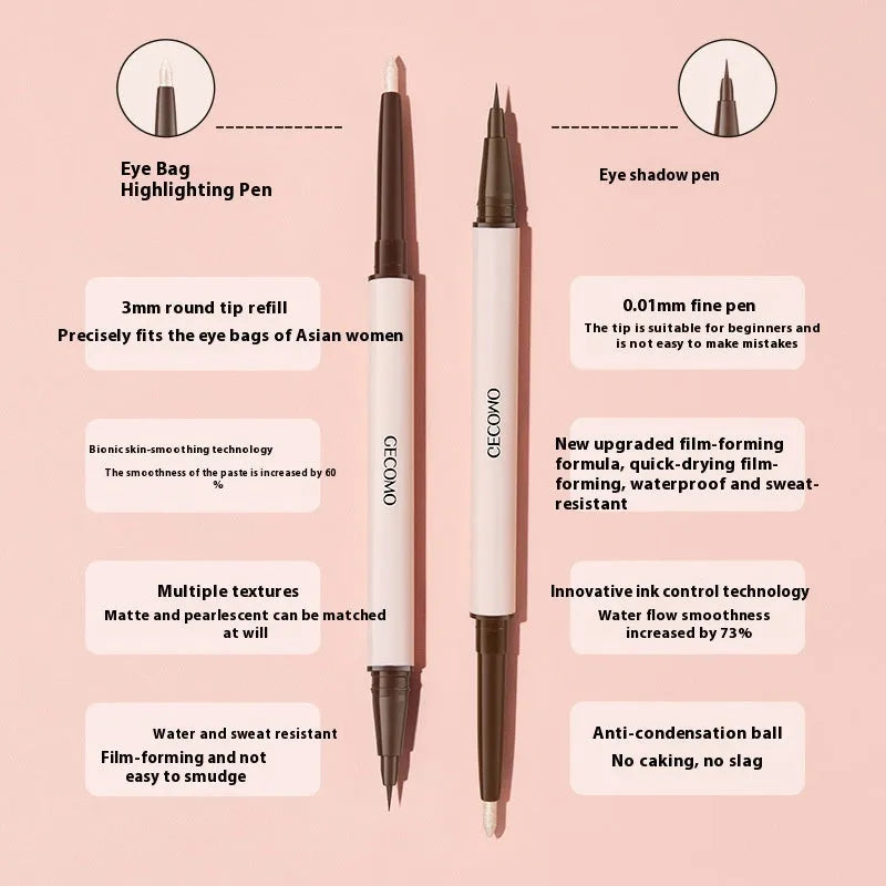 Double-headed silkworm pen eyeliner with pearlescent floating platinum and nude apricot colours