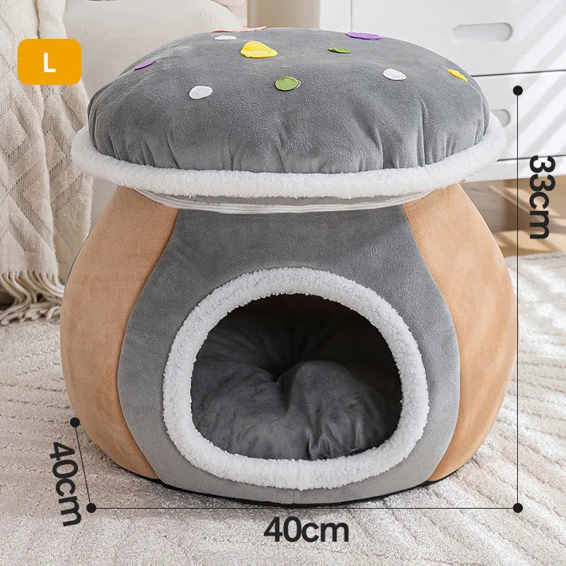 Grey mushroom-shaped plush cat bed showing enclosed cave design for cats.