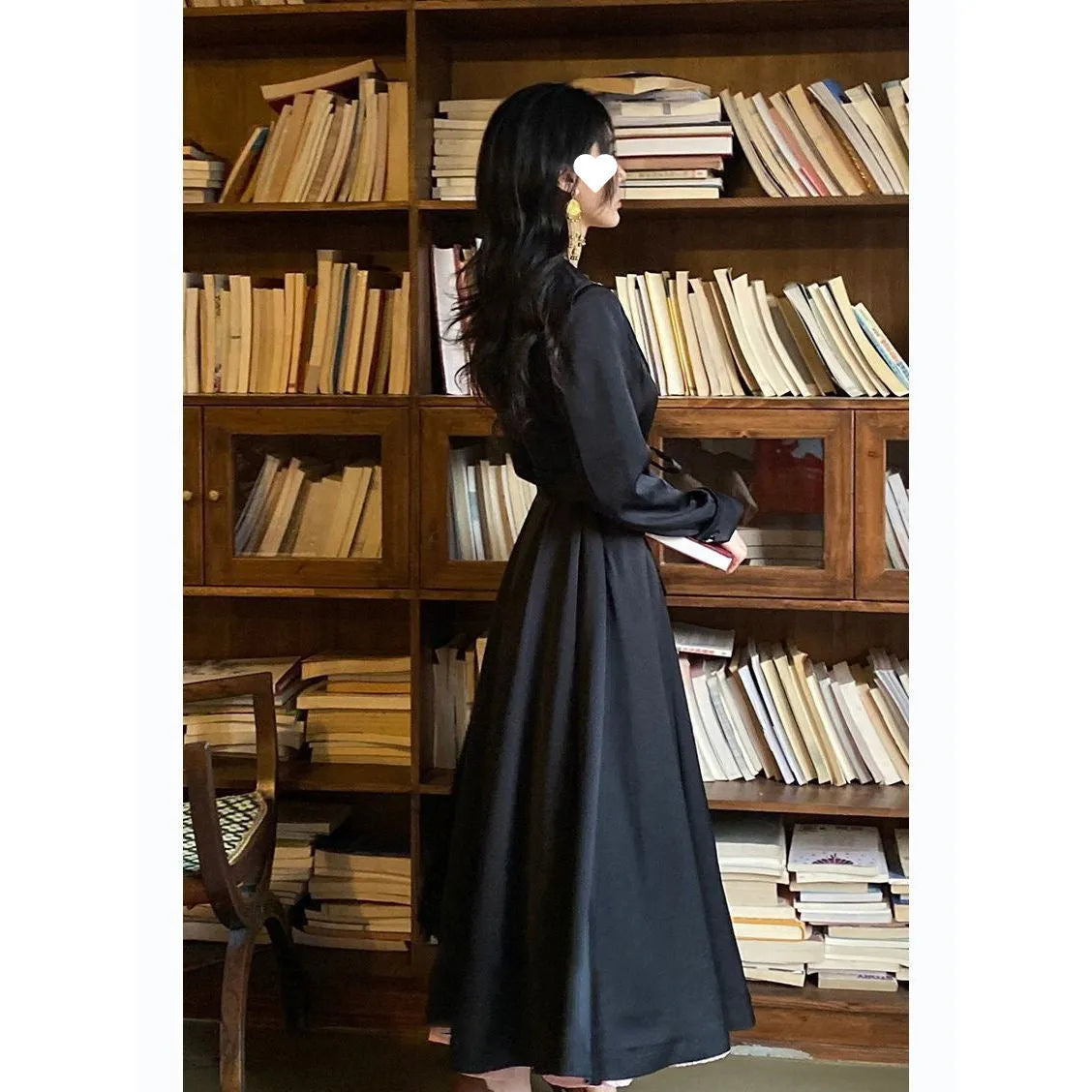 Black retro double-breasted long coat with waist control, polyester fibre, long sleeves
