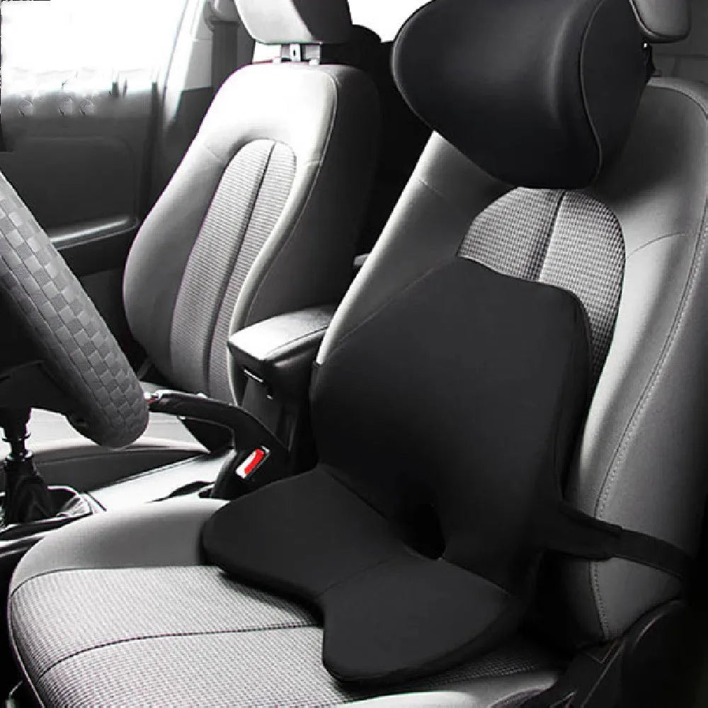 Memory foam car seat waist support pad in beige colour with optional headrest attachment