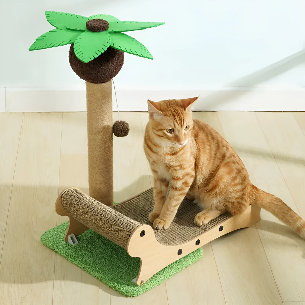 Wooden beach chair-style cat climbing frame with integrated hemp scratch mat and pet nest.