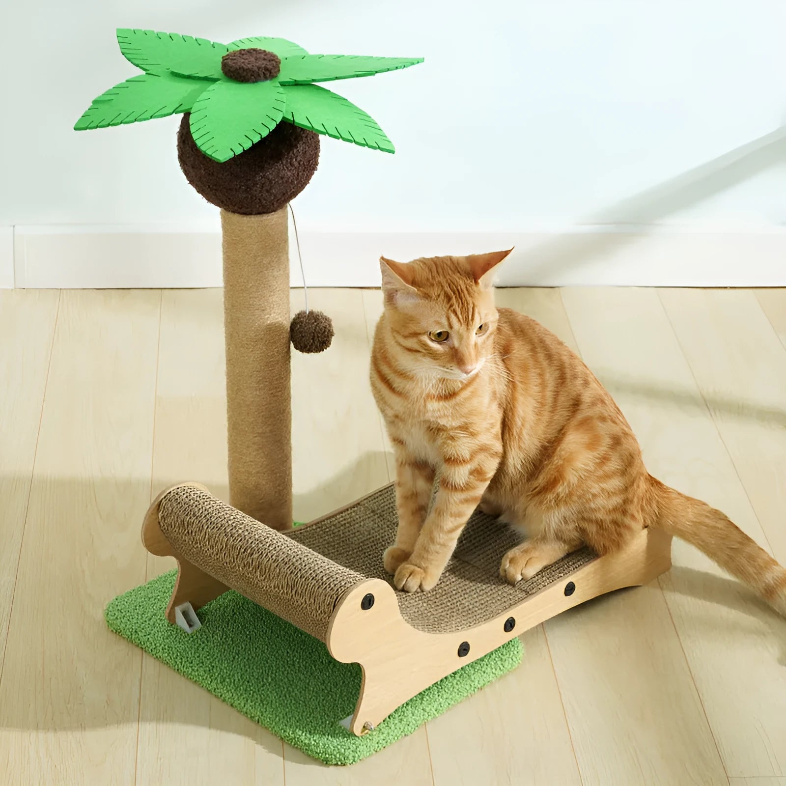 Wooden beach chair-style cat climbing frame with integrated hemp scratch mat and pet nest.