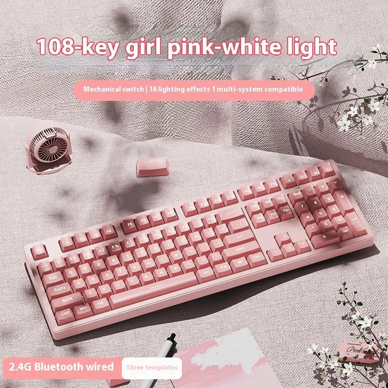 Wireless mechanical keyboard with three connection modes, shown in a choice of 87-key or 108-key layouts and various colour themes.