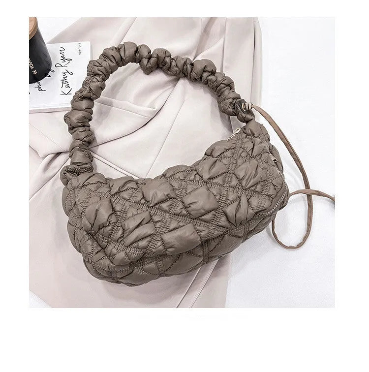 Women's casual nylon underarm messenger bag in beige colour showing dimensions and adjustable shoulder strap