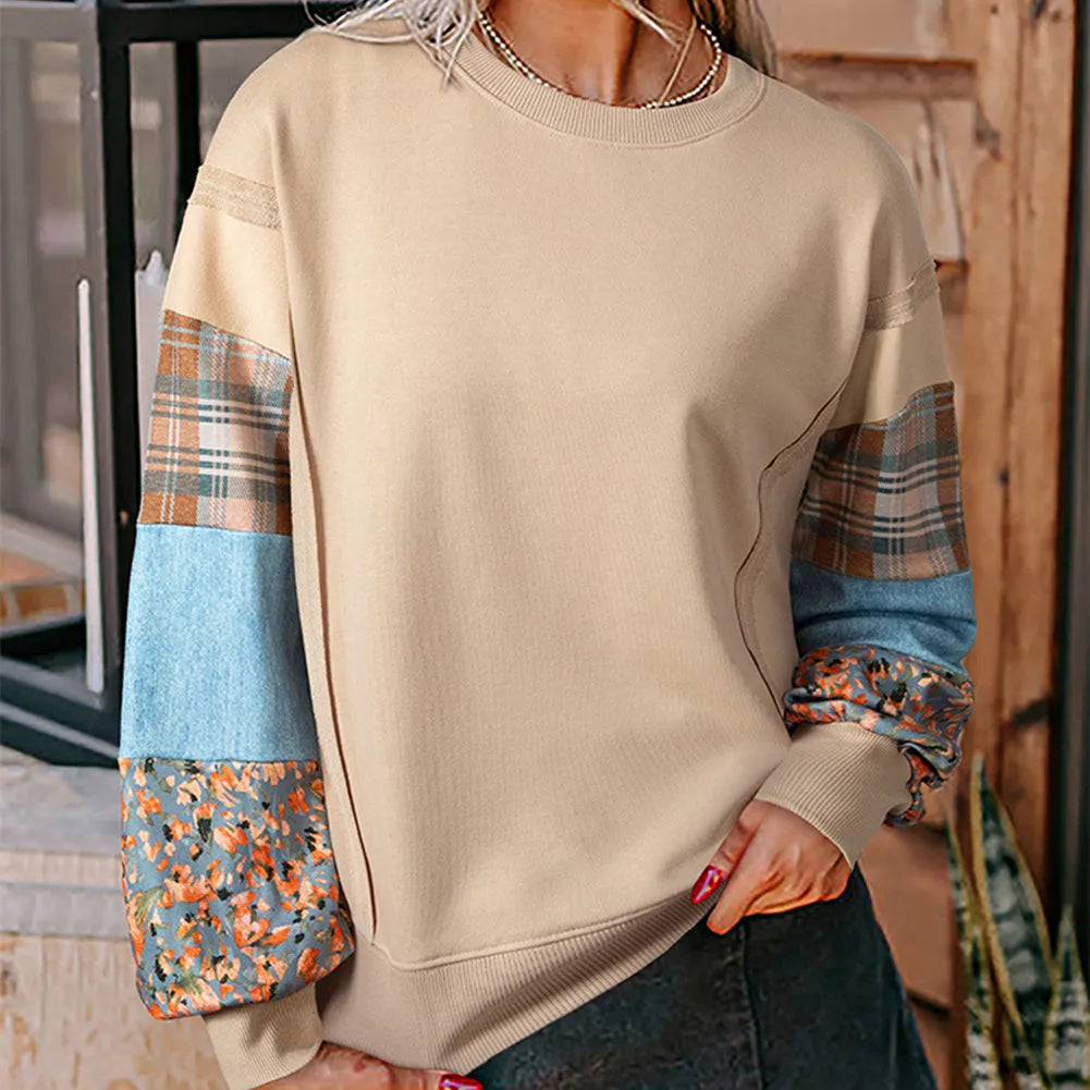 Women's loose plaid stitch long sleeve casual top in apricot colour