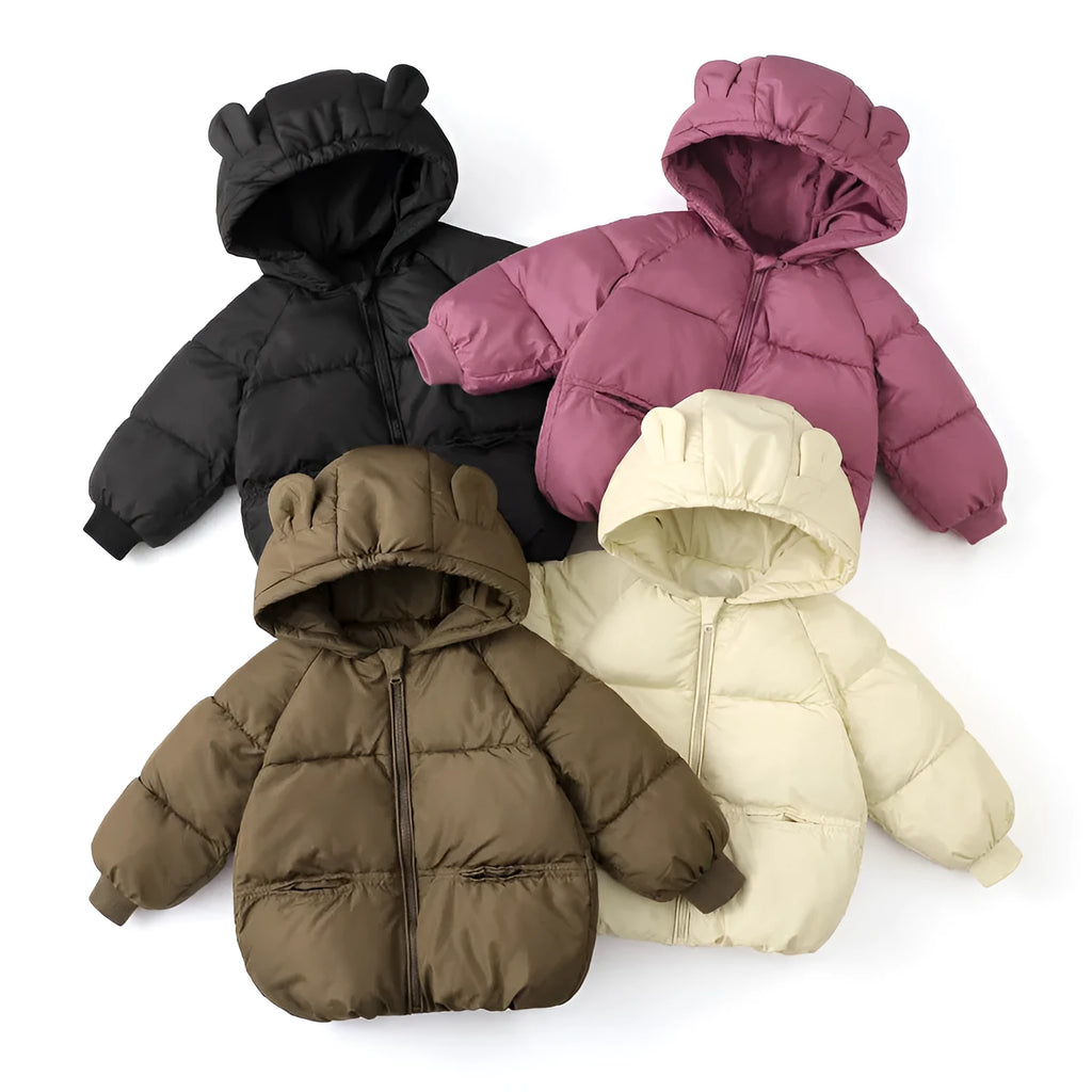 Cartoon children's down and wadded jacket in solid colour, polyester filling, Korean style, available in brown black pink Milky White for 90-130cm height.