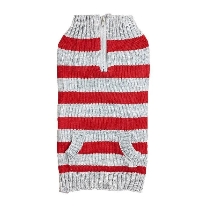 Grey acrylic dog sweater with horizontal blue zipper and button pocket for small medium dogs