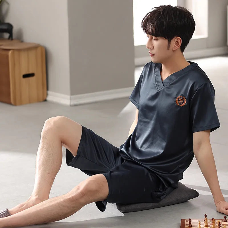 Men's loose-fitting ice silk short-sleeve pajama shirt and shorts set in various colours.