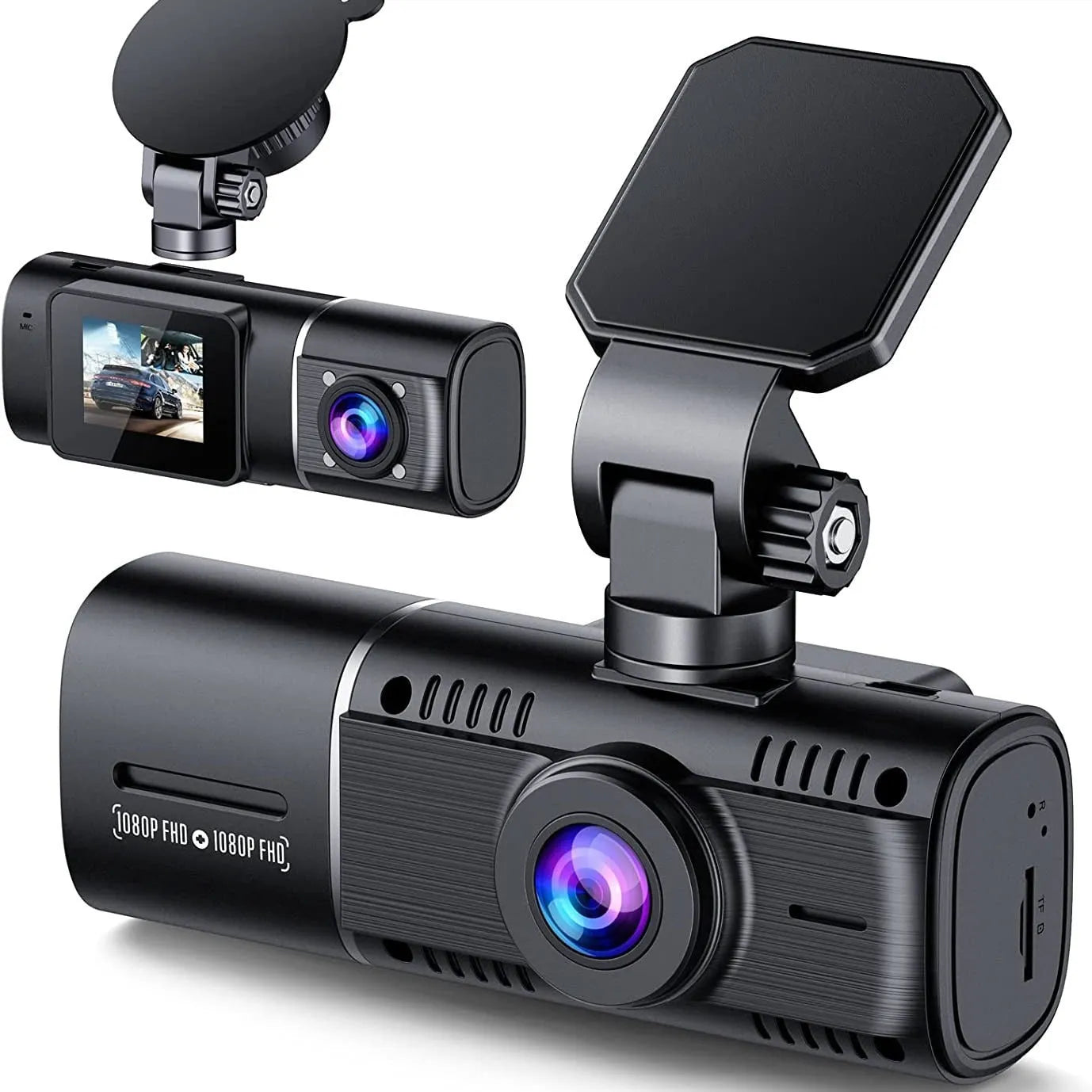 Black dual-channel car dash camera with 1.5-inch screen for front and rear recording.