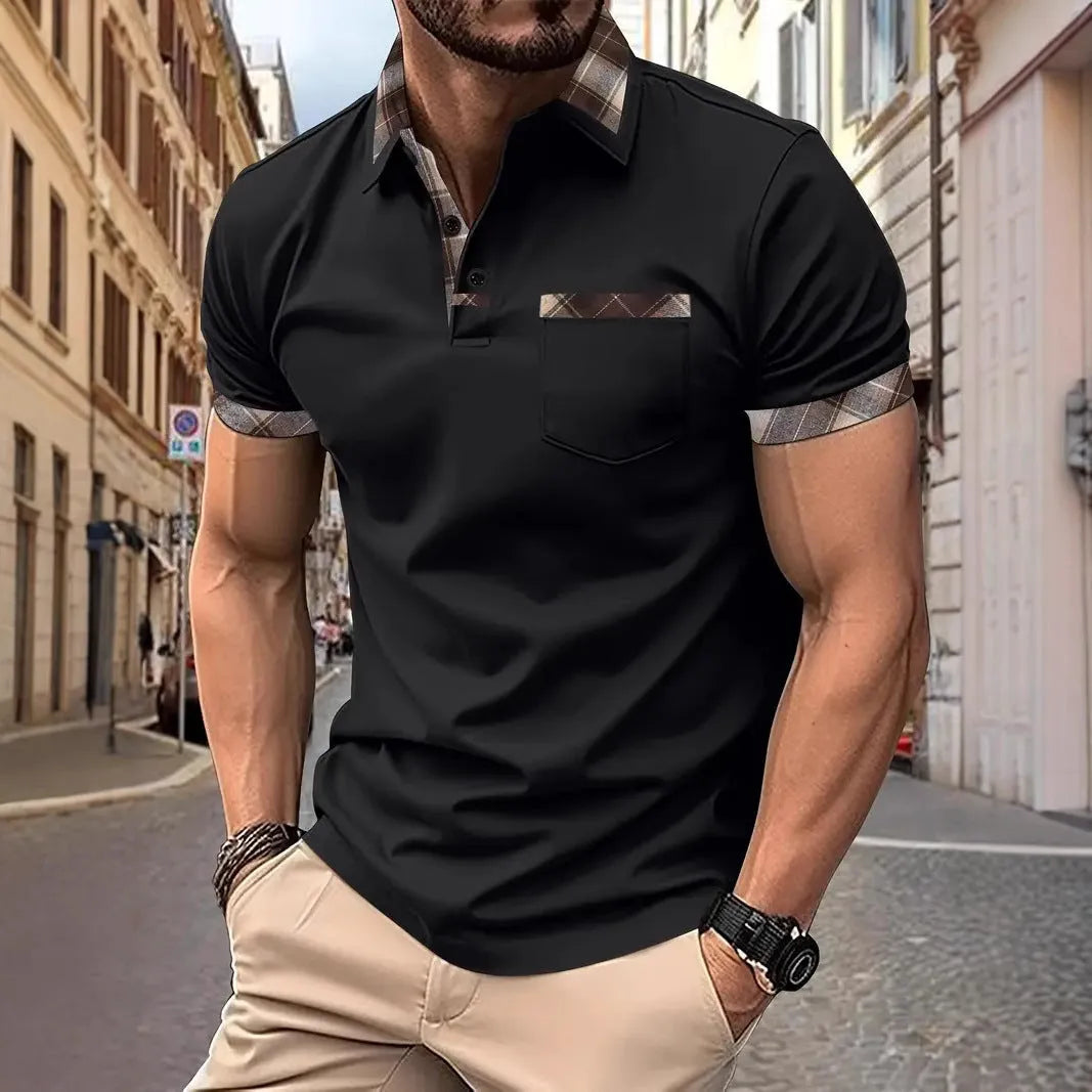 Men's loose fit plaid colourblock short sleeve T-shirt on a white background