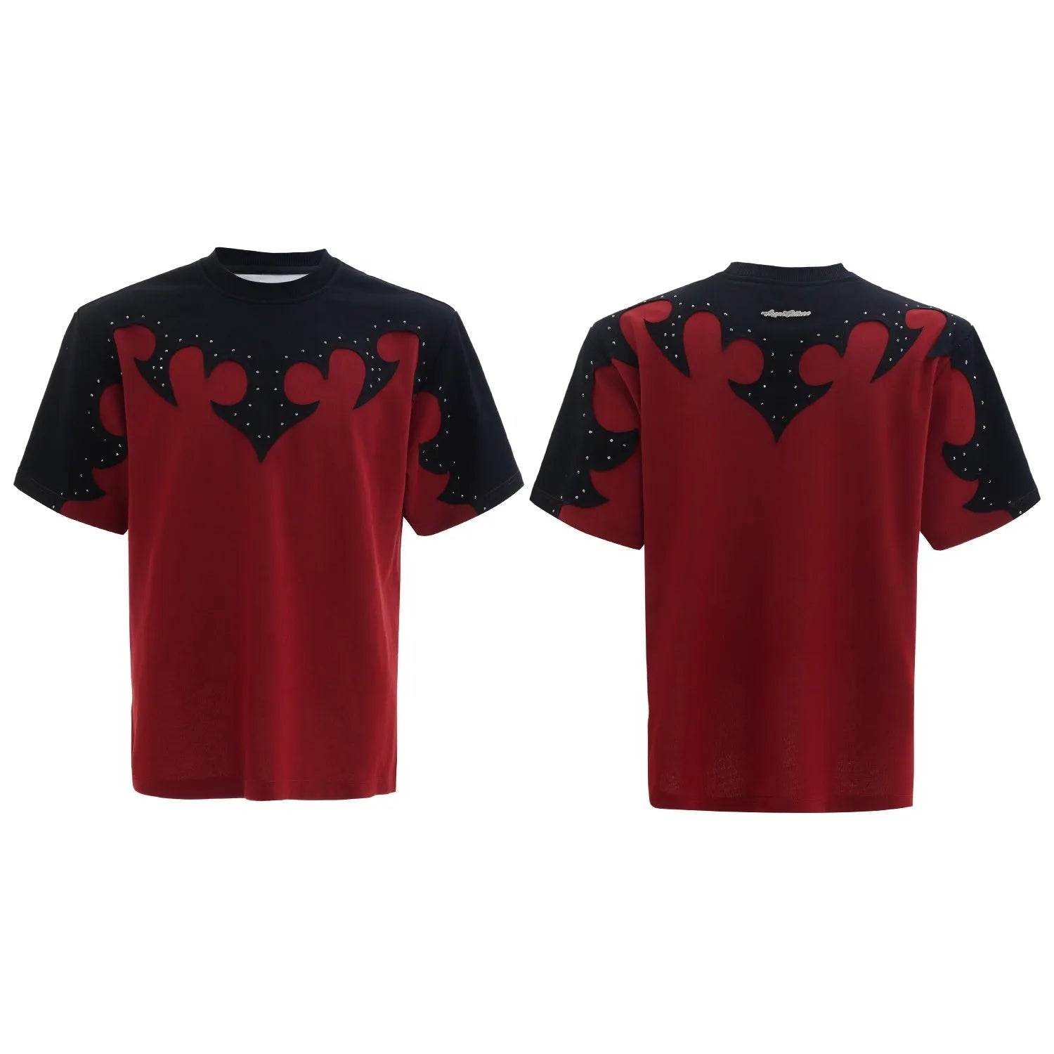 Men's grey cotton t-shirt with three-dimensional stitching and burnt flower rhinestone design on front
