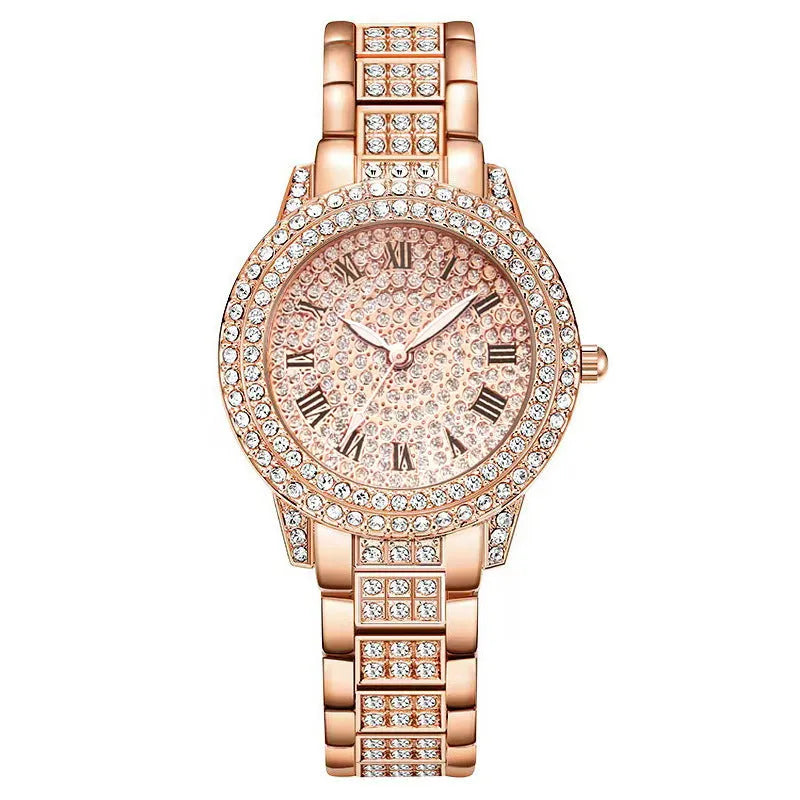 Women's Diamond Fashion Roman Quartz Watch five-piece set with alloy strap and round dial