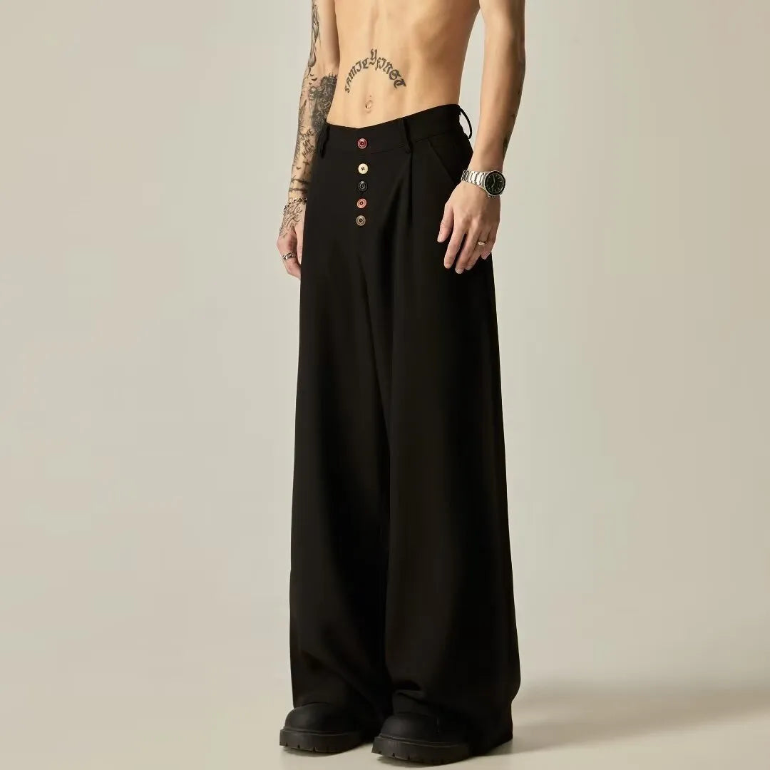 Men's black wide-leg casual trousers with elasticated mid waist and button fly in polyester-cotton blend fabric