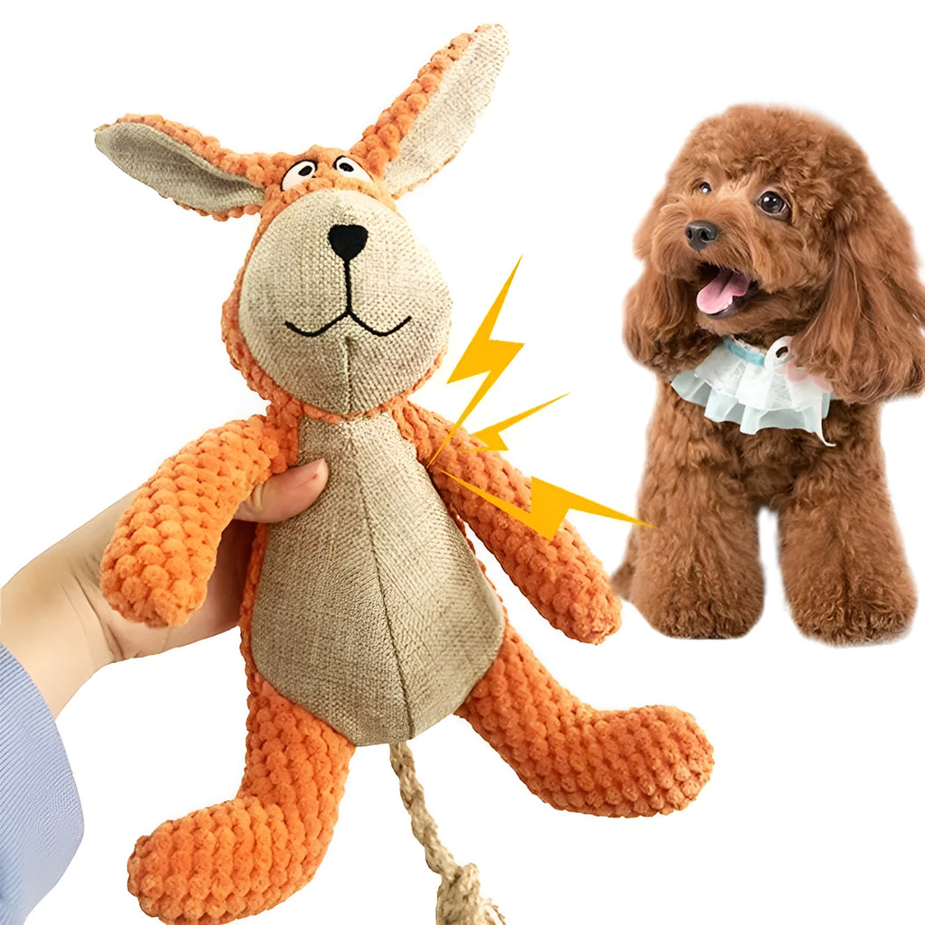 Dog plush squeaky toy in animal shape – donkey, elephant, orangutan, or rabbit – for teeth cleaning and interactive play