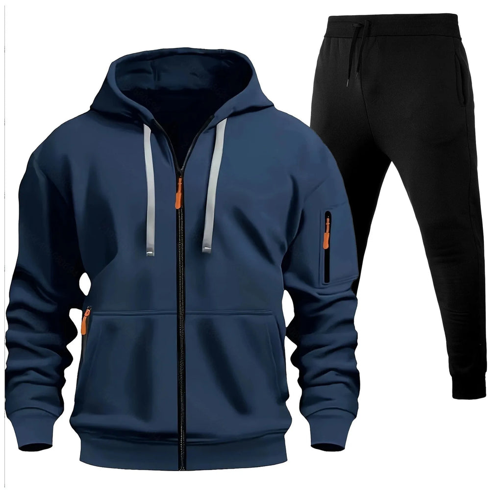 Men's zip-up hoodie set with multiple pockets and wool lining in camel colour