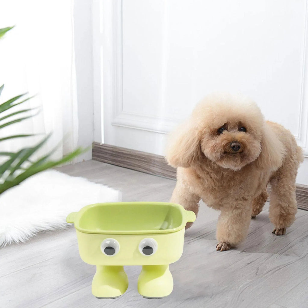 Green robot design elevated pet bowl with tilted feeding surface and detachable inner bowl