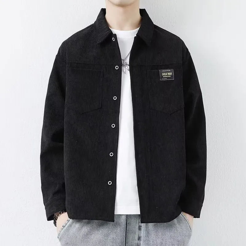 Men's corduroy jacket in khaki, shown as a long-sleeved cardigan shirt