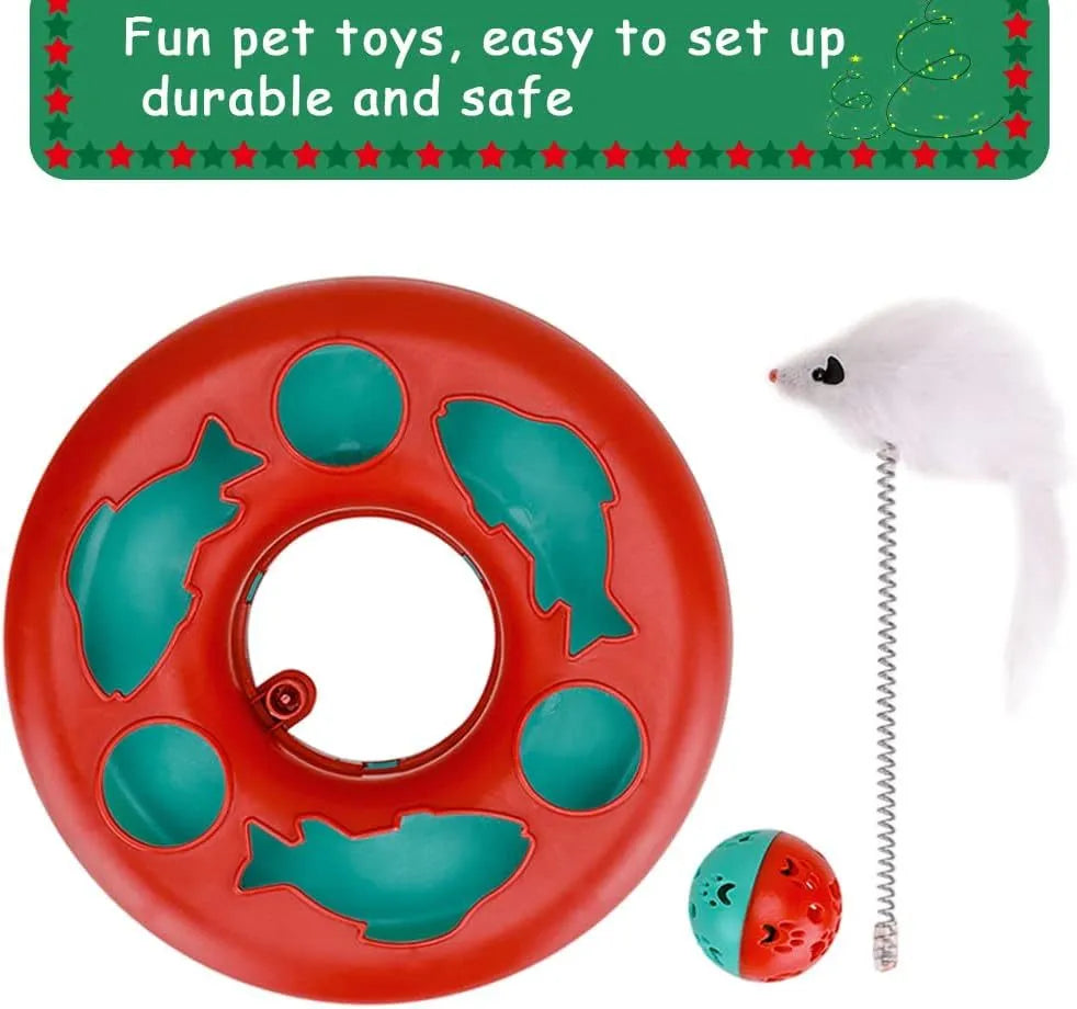 Red cat toy roller track with exercise balls, catnip spring, and detachable mouse teaser on floor